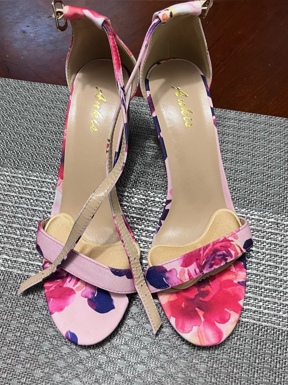 Ankis floral pink/blue strap high heels Sandal Size Sz 8